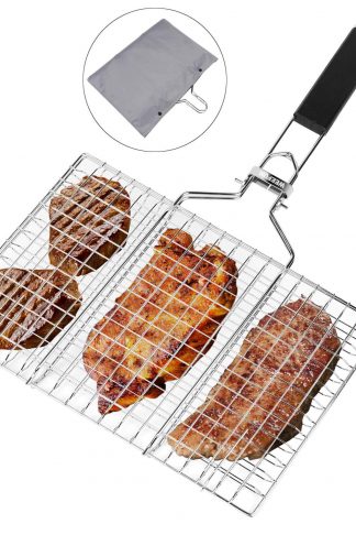 BBQ Barbecue Grilling Basket,Portable Stainless Steel Barbecue Net Fork with Removeable Handle. Useful BBQ Tool with Sauce Brush + Carrying Pouch