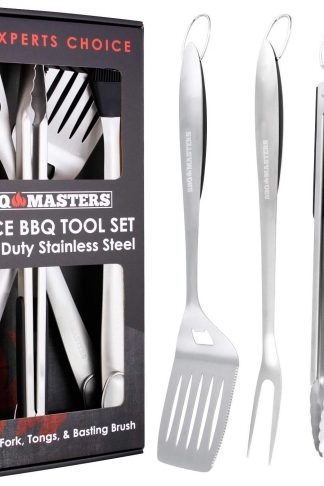 BBQ Masters Heavy Duty 4 Piece BBQ Grilling Tools Set - Extra Thick Stainless Steel Barbecue Grill Accessories - 18" Spatula, Tongs, Fork and Basting Brush Utensils