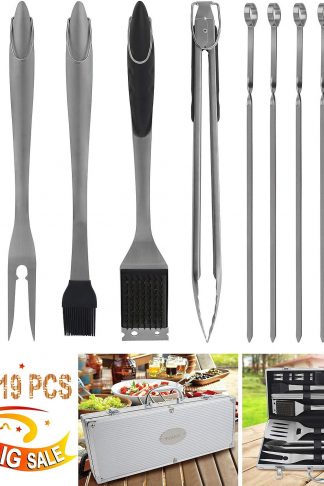 POLIGO 19PCS BBQ Grill Tools Set Extra Thick Stainless Steel Barbecue Grilling Accessories Set with Aluminum Case for Camping - Outdoor Grill Utensil Kit Ideal on Christmas Birthday Gifts Set for Men