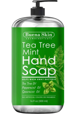 Buena Skin Tea Tree Mint Hand Soap - Liquid Hand Soap with Spearmint, Jojoba and Olive Oil - Multipurpose Liquid Soap in Pump Dispenser - Natural Bathroom Soap for Soft Skin - 16oz
