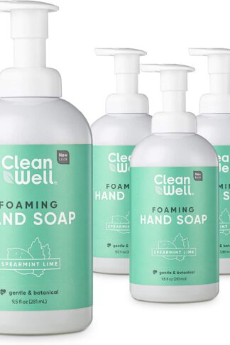 CleanWell Foaming Hand Soap, Spearmint Lime, 9.5 fl oz (4 PK) – Paraben Free, Alcohol Free, Plant-Based, Cruelty Free, Nontoxic, Kid Friendly, Pump Bottle (Packaging May Vary)
