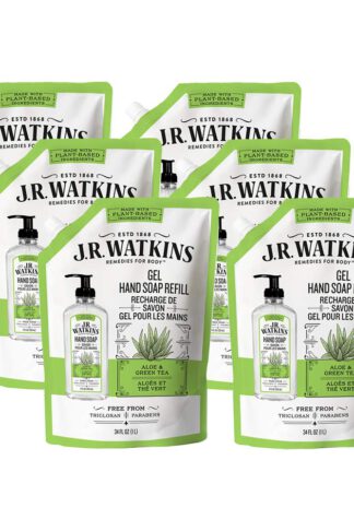 JR Watkins Gel Hand Soap Refill Pouch, Aloe and Green Tea, 6 Pack, Scented Liquid Hand Wash for Bathroom or Kitchen, USA Made and Cruelty Free, 34 fl oz