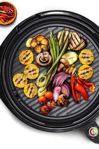 Maxi-Matic EMG-980B Indoor Electric Nonstick Grill Adjustable Thermostat, Dishwasher Safe, Faster Heat Up, Low-Fat Meals, Easy To Clean Design, Includes Glass Lid, 14" Round