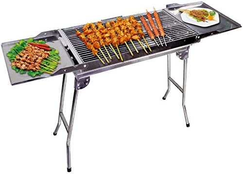 Outdoor4less Stainless Steel Portable Travel Folding Tall Barbecue BBQ Charcoal Grill with Legs - Silver Chrome, Lightweight, Foldable - for Camping, Picnic, Outdoor - 44" x 12'' x 28"