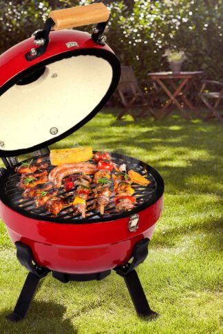 TUSY Ceramic Griller Charcoal Grill Advanced Portable Red, 12-Inch Foldable Barbecue Grilling Charcoal Oven with Digital Thermometer