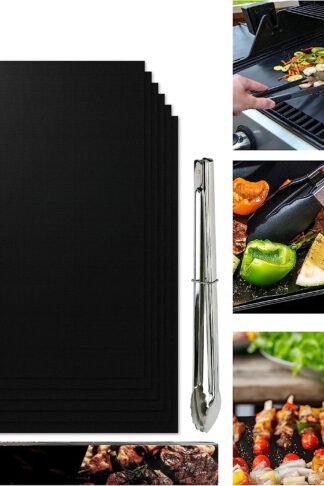 MIFADFAO Grill Mat for Outdoor Grill Non-Stick Set of 6 BBQ Grill Mats with Tongs, Reusable, and Easy to Clean Teflon BBQ Accessories Works on Electric Gas Charcoal BBQ -15.75 x 13-Inch, Black