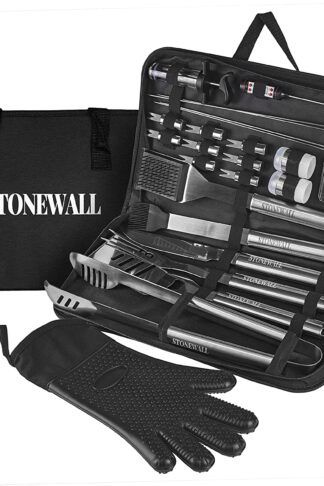 Stonewall Barbecue Grill Tool Set - Stainless Steel - Strong Durable Design - Heat Resistant Glove & Utensils - Thermometer, Meat Injector, Kebabs, & Corn Skewers - Perfect for Smokers & Grills