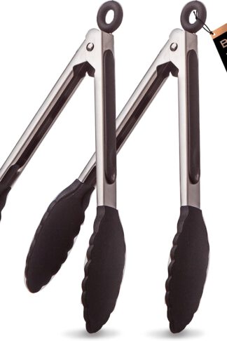 2-Piece Silicone Tipped Stainless Steel Tongs Set - Black, Kitchen Utensil & Tool for Cooking & Serving, Locking Tongs, Nonstick Cookware, Heat-resistant Silicone Tongs, 7 + 7 Inches