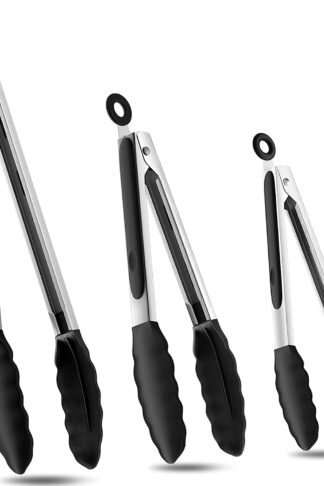 Kitchen Tongs, Premium Stainless Steel Locking Cooking Tongs with Silicone Tips, Non-Slip Food Tongs for Cooking, Heavy Duty, Non-Stick, 480℉, Set of 3-7 Inch 9 Inch and 12 Inch Black