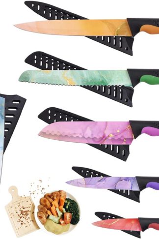 Knives Set for Kitchen, Kitchen Knife Set, 6Pcs Nebula Pattern High Carbon Steel Made Nonstick Kitchen Knives & 6Pcs Knife Sheathes