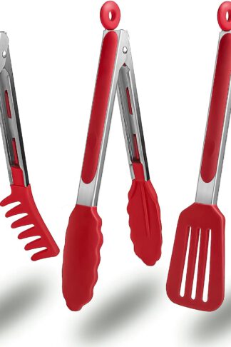 3 Pack Kitchen Tongs (9 Inches), Non Stick Stainless Steel Tongs With Silicone Tip for Cooking BBQ Baking (Red)