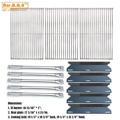 Bar.b.q.s Perfect Flame 5 Burner 720-0522 Replacement Gas Grill 5 PACK Stainless Steel Burners, 5 PACK Porcelain Steel Heat Plate, Set of 3 Stainless Steel Cooking Grids