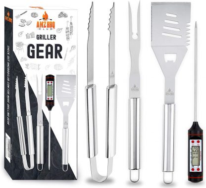 AMZ BBQ CLUB Barbecue Accessories & Grilling Tools 4 Piece Set Premium Quality Grill Utensils - Instant Read Digital Thermometer, Spatula, Fork & Tongs - for Home Kitchen, Campfire & Backyard Use
