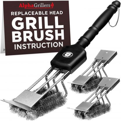 Alpha Grillers Grill Brush & Scraper with 3 Replaceable Heads | Best BBQ Cleaner. Perfect Tools for All Grill Types | Stainless Steel Wire Bristles and Stiff 18 Inch Handle. Ideal Barbecue Accessories