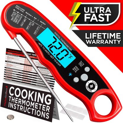 Alpha Grillers Instant Read Meat Thermometer for Grill and Cooking. Upgraded with Backlight and Waterproof Body. Best Ultra Fast Digital Kitchen Probe. Includes Internal BBQ Meat Temperature Guide