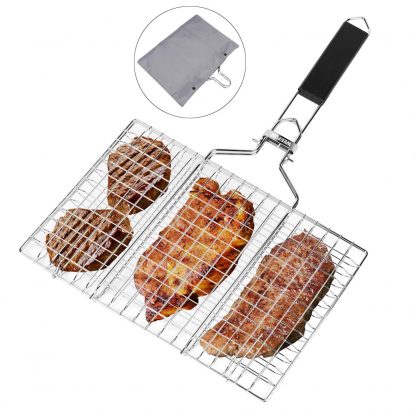 BBQ Barbecue Grilling Basket,Portable Stainless Steel Barbecue Net Fork with Removeable Handle. Useful BBQ Tool with Sauce Brush + Carrying Pouch