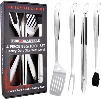 BBQ Masters Heavy Duty 4 Piece BBQ Grilling Tools Set - Extra Thick Stainless Steel Barbecue Grill Accessories - 18" Spatula, Tongs, Fork and Basting Brush Utensils