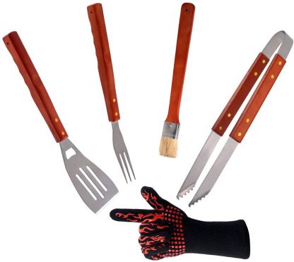 ChasBete BBQ Grill Tool Set 5 Pack Stainless Steel Tools with Wood Handles and Grilling Glove Barbecue Grill Utensils Sets Spatula Tongs Fork Basting Brush Glove