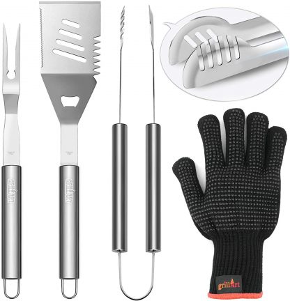 GRILLART Grill Utensil BBQ Tools Set Reinforced Tongs 3-Piece Heavy Duty Stainless-Steel Barbecue Grilling Accessories, Metal Spatula, Tongs, Fork -Bonus Insulated Gloves (Orange)