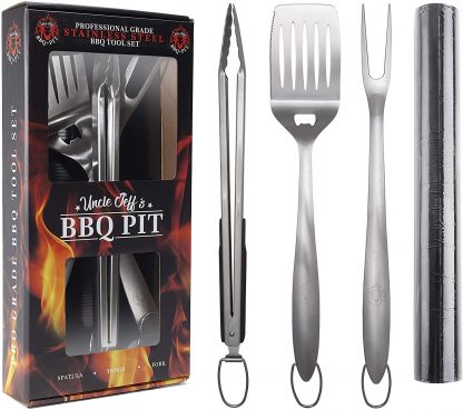 Heavy Duty BBQ Grilling Tools Set - Professional Grade 18" Long Stainless Steel 4-Piece Barbecue Grill Kit includes Over Sized Spatula, Fork, Tongs & BBQ Mat - Perfect BBQ Gift For Your BBQ Lover
