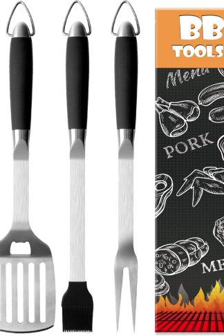 Heavy Duty BBQ Grilling Tools Set. Extra Thick Stainless Steel Spatula, Fork, Basting Brush & Tongs. Gift Box Package. Best for Barbecue & Grill. 18 Inch Utensils Turner Accessories