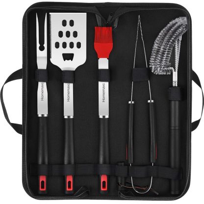 Homemaxs BBQ Tools Set-5pcs BBQ Grilling Tool Set with Case for Men, Stainless Steel Heavy Duty Barbecue Grilling Accessories Utensils Kit with Tong, Grill Cleaning Brush, Spatula, Fork, Basting Brus