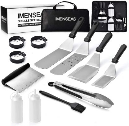 IMENSEAS Professional Grill Griddle BBQ Accessories Kit - 14 PC Stainless Steel Griddle Tool Set with Spatula Tongs Egg Ring Turner Scraper Carrying Bag - Great for Flat Top Cooking Camping Tailgating