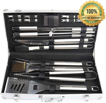 Mockins Stainless Steel 19 Piece BBQ Grill Tools Set Includes A Variation of Heavy Duty Barbecue Grilling Utensils an Aluminum Storage Case - Grilling Accessories