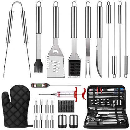 OlarHike 25PCS BBQ Grill Accessories Tools Set, Stainless Steel Grilling Kit with Oxford Cloth Case for Smoker/Camping/Kitchen, Barbecue Utensil for Men Women with Thermometer and Meat Injector