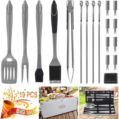 POLIGO 19PCS BBQ Grill Tools Set Extra Thick Stainless Steel Barbecue Grilling Accessories Set with Aluminum Case for Camping - Outdoor Grill Utensil Kit Ideal on Christmas Birthday Gifts Set for Men
