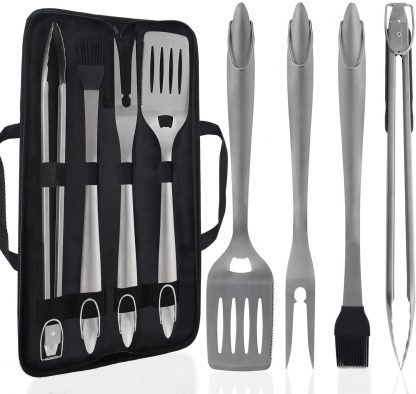 POLIGO 5PCS Camping BBQ Grilling Tools Set with a Walkbag - Extra Thick Stainless Steel Spatula, Fork, Tongs & Basting Brush - Gift Box Package Ideal Christmas Birthday Gifts Set for Dad Men Women