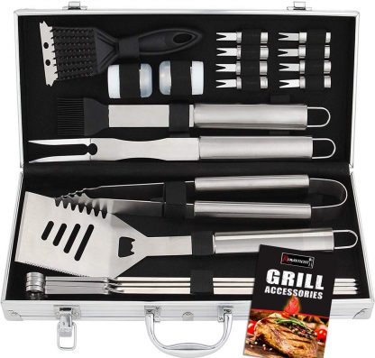 ROMANTICIST 20pc Stainless Steel BBQ Grill Tool Set - Perfect BBQ Gift for Men Women on Birthday Wedding - Complete Outdoor Barbecue Grilling Accessories Kit in Aluminum Storage Case