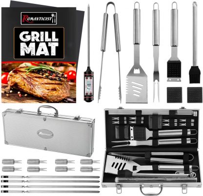 ROMANTICIST 23pc Must-Have BBQ Grill Accessories Set with Thermometer in Aluminum Case - Stainless Steel Barbecue Tool Set for Backyard Outdoor Camping Tailgating - Great Grill Gift for Men Women Dad