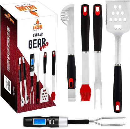 Ultimate BBQ Grill Tools Set with Meat Thermometer & 4 Stainless Steel Grilling Accessories - 5 Piece BBQ Accessories Set Includes Tongs, Spatula, Fork, Silicon Basting Brush and Instant Read Digital