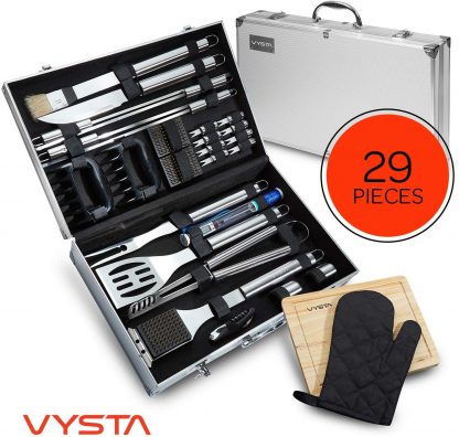 Vysta 29 Piece Grill Accessories Tools Set - BBQ Utensils with Carrying Case - Stainless Steel Outdoor Cooking Grilling - Barbeque Kit Includes Meat Thermometer, Brushes, Barbecue Scraper and Tongs