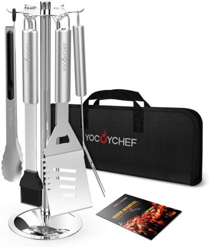 YOCOYCHEF Grill Tools Set - Carousel Stainless Steel BBQ Grilling Accessories with Stand - 13-Piece Heavy Duty Barbecue Tool Utensils in Gift Case for Men, Dad, Women