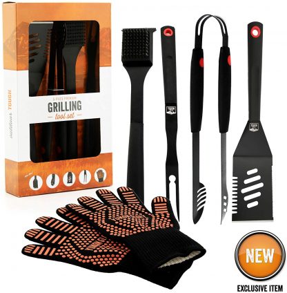 Yukon Glory Heavy Duty 5 Piece Grilling Tools Set, Durable Stainless Steel BBQ Accessories, Long Handle 3 in 1 Spatula, Tongs, Brush, Grill Fork, Thick Grilling Gloves, Gift Set
