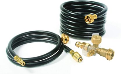 Camco Propane Brass 4 Port Tee- Comes with 5ft and 12ft Hoses, Allows for Connection Between Auxiliary Propane Cylinder and Propane Appliances (59123)