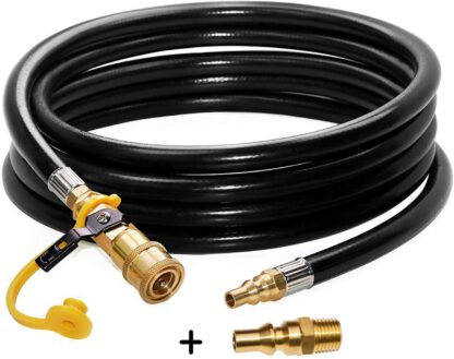 DOZYANT 12 FT RV Propane Quick Connect Hose, RV Quick Connect Propane Hose, Quick Disconnect Propane Hose Extension - 1/4 Inch Safety Shutoff Valve & Male Full Flow Plug for LP Gas Low Pressure System