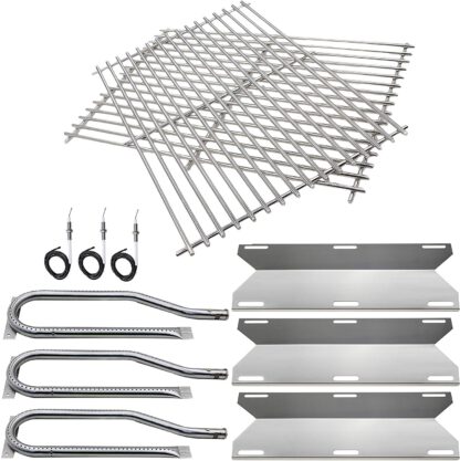 Hisencn BBQ Repair Kit Replacement for Jenn Air Gas Grill 720-0336, 7200336, 720 0336 Grill Stainless Steel Burners, Stainless Steel Heat Plates Stainless Steel Cooking Grid Grates & igniters