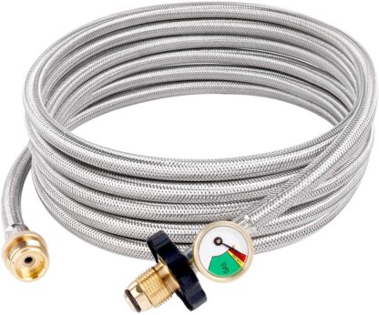 SHINESTAR 15FT POL Stainless Braided Propane Hose Adapter with Propane Tank Gauge, 1lb to 20lb Propane Converter Hose for Buddy Heater, Tabletop Grill, Camping Stove and More 1lb Portable Appliance