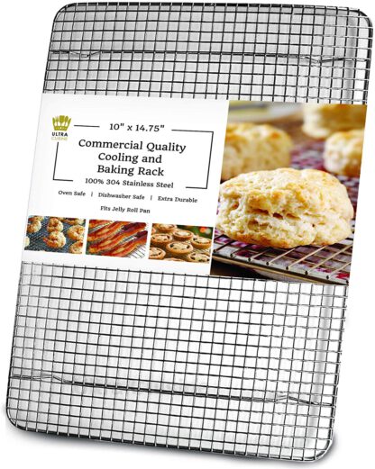 Ultra Cuisine 100% Stainless Steel Cooling and Baking Rack fits Jelly Roll Sheet Pan - Cool Cookies, Cake, Bread, Pie - Oven Safe Wire Grid for Roasting, Cooking, Grilling, BBQ, Smoking (10" x 14.75")