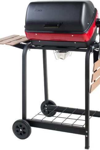 Americana Electric Cart Grill with two folding, composite-wood side tables and wire shelf