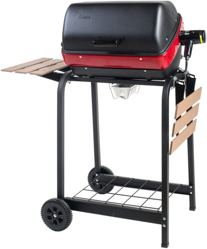Americana Electric Cart Grill with two folding, composite-wood side tables and wire shelf