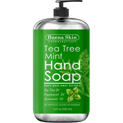 Buena Skin Tea Tree Mint Hand Soap - Liquid Hand Soap with Spearmint, Jojoba and Olive Oil - Multipurpose Liquid Soap in Pump Dispenser - Natural Bathroom Soap for Soft Skin - 16oz