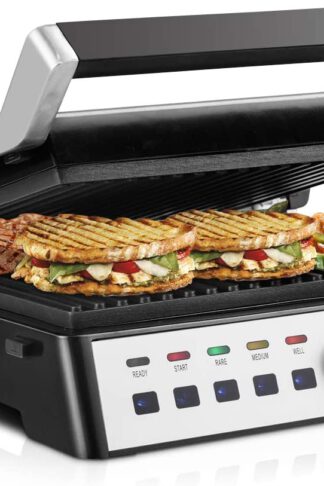 COSTWAY 1500W Smokeless Electric Grill Indoor Grill with Adjustable Temperature and Positions, Non-stick Cooking Surface, Panini Press Sandwich Maker Grill Griddle with Removable Plate & LCD Touch Display