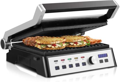 COSTWAY 1500W Smokeless Electric Grill Indoor Grill with Adjustable Temperature and Positions, Non-stick Cooking Surface, Panini Press Sandwich Maker Grill Griddle with Removable Plate & LCD Touch Display