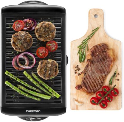 Chefman Electric Smokeless Indoor Grill w/ Non-Stick Cooking Surface & Adjustable Temperature Knob from Warm to Sear for Customized BBQ Grilling, Dishwasher Safe Removable Water Tray, Black