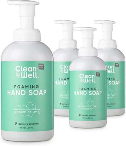 CleanWell Foaming Hand Soap, Spearmint Lime, 9.5 fl oz (4 PK) – Paraben Free, Alcohol Free, Plant-Based, Cruelty Free, Nontoxic, Kid Friendly, Pump Bottle (Packaging May Vary)