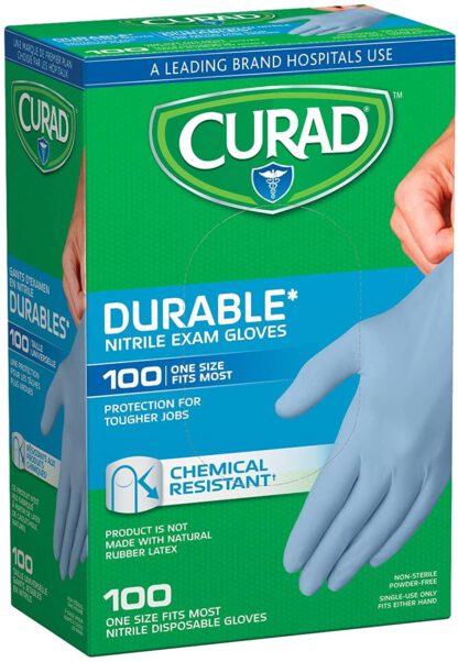 Curad Nitrile Disposable Exam Gloves, Durable and Chemical Resistant, Powder Free, One Size Fits Most (100 Count), Great for First aid, Medical use, Cleaning, pet Care by Curad